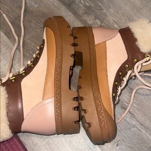 Coach Brown and Tan Shearling Lace-Up Boots - light pink & Carmel color